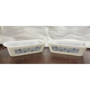 Vintage OvenWare 522-Loaf Pan Milk Glass -White with Blue Clover Print -USA - 2
